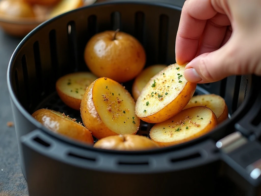 Seasoned blooming potatoes arranged in an air fryer basket