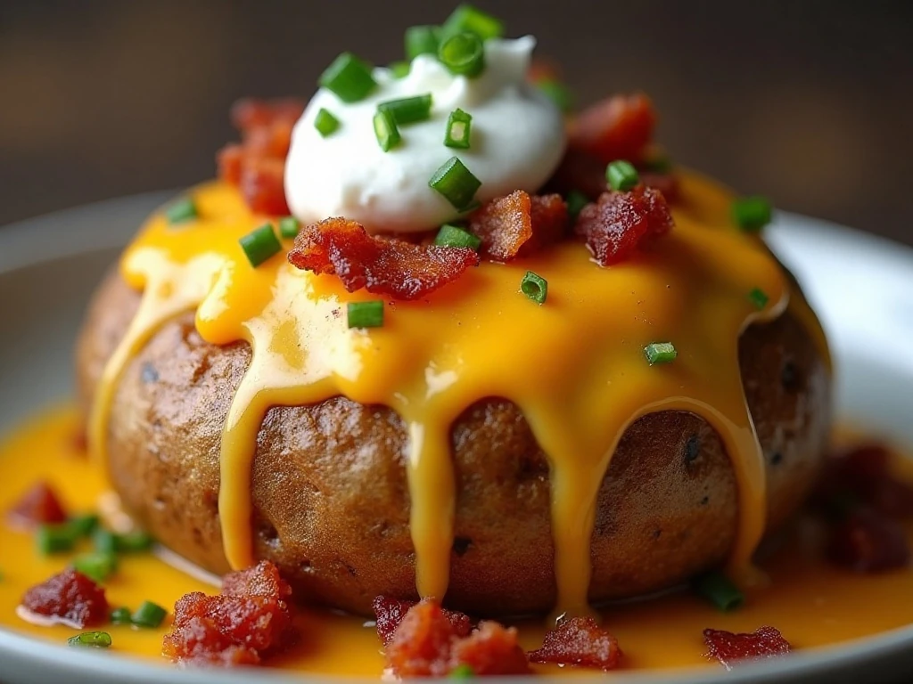 Close-up of cheddar and bacon toppings on a blooming baked potato