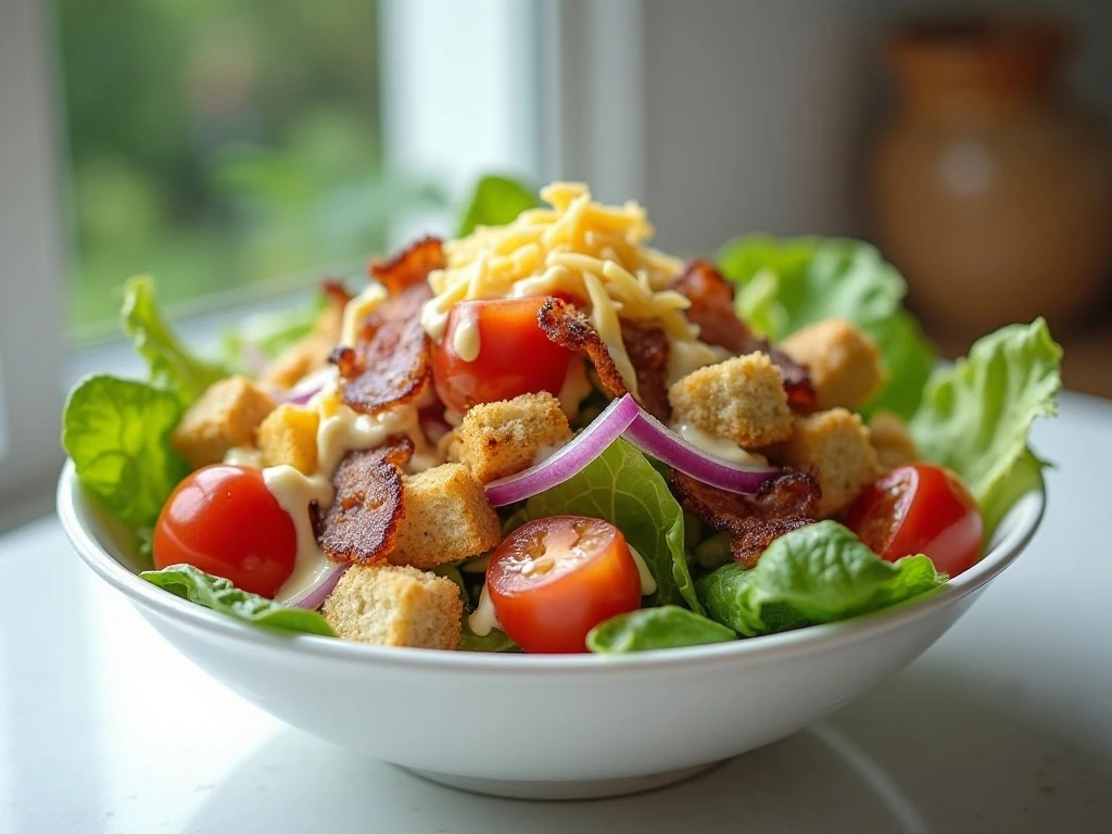 Colorful BLT chopped salad served in a white bowl