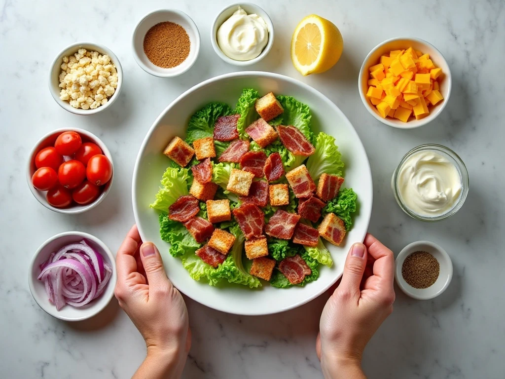 Ingredients for an easy BLT chopped salad and creamy dressing