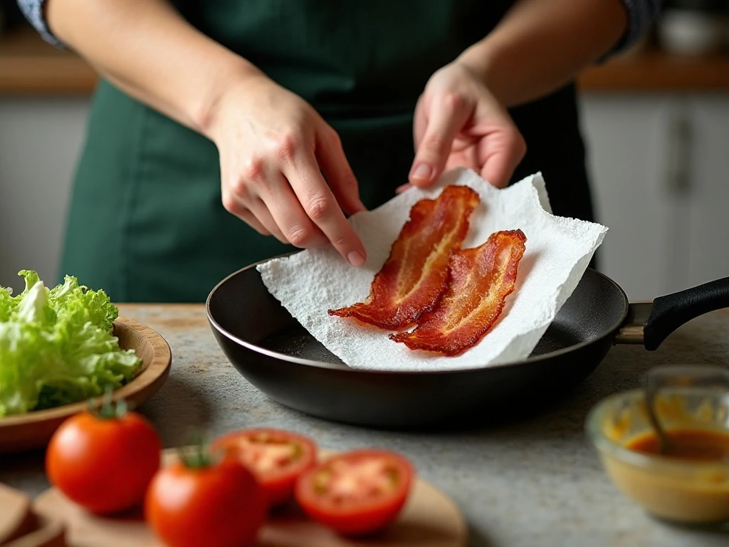 Preparing crisp bacon and fresh vegetables for BLT salad
