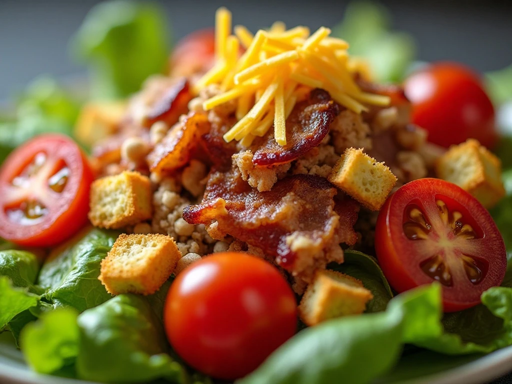 Close-up of bacon, tomato, cheddar, and crouton toppings on chopped salad