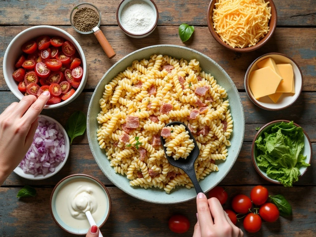 Ingredients for easy BLT pasta salad