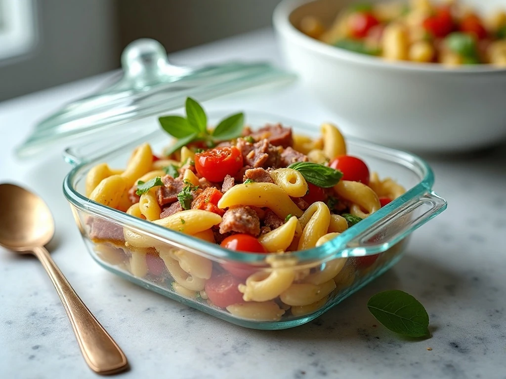 Make-ahead BLT pasta salad stored for dinner