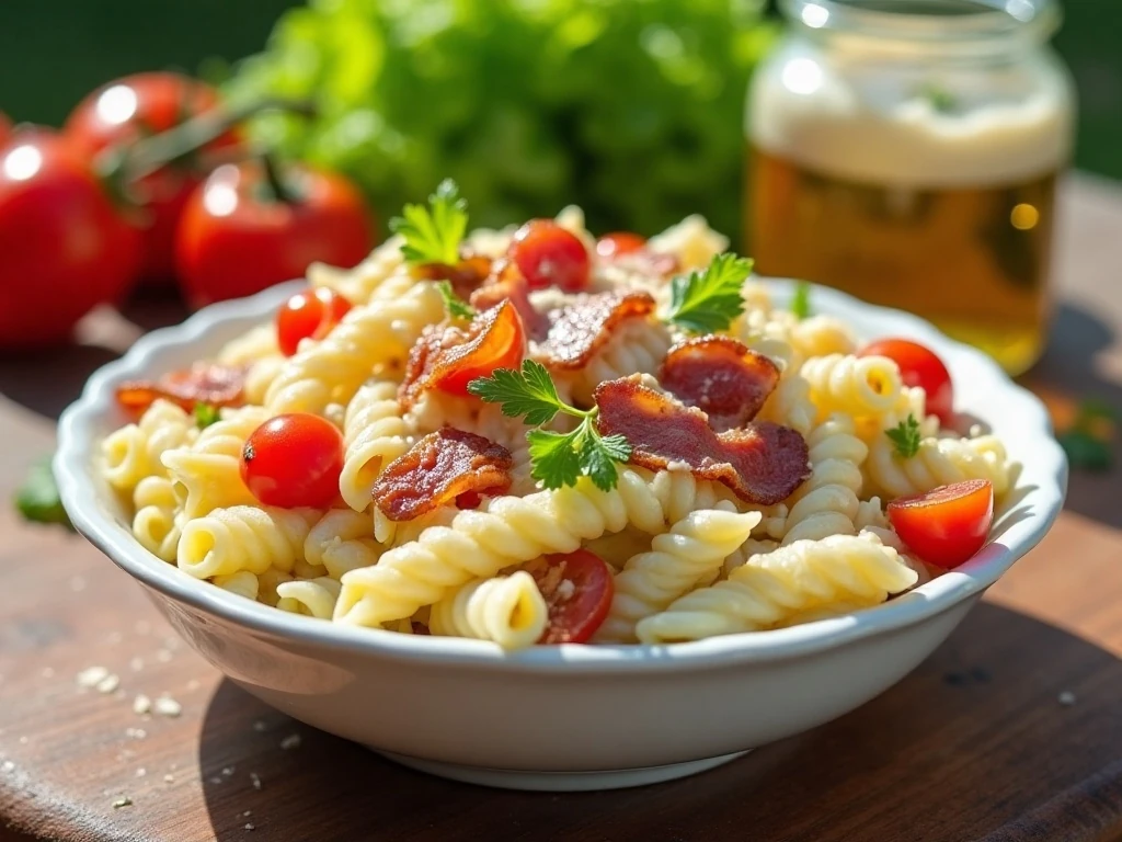 Creamy BLT pasta salad with bacon tomatoes lettuce and ranch dressing