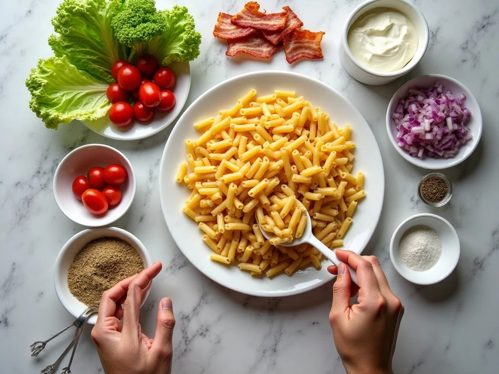 Ingredients for easy BLT pasta salad