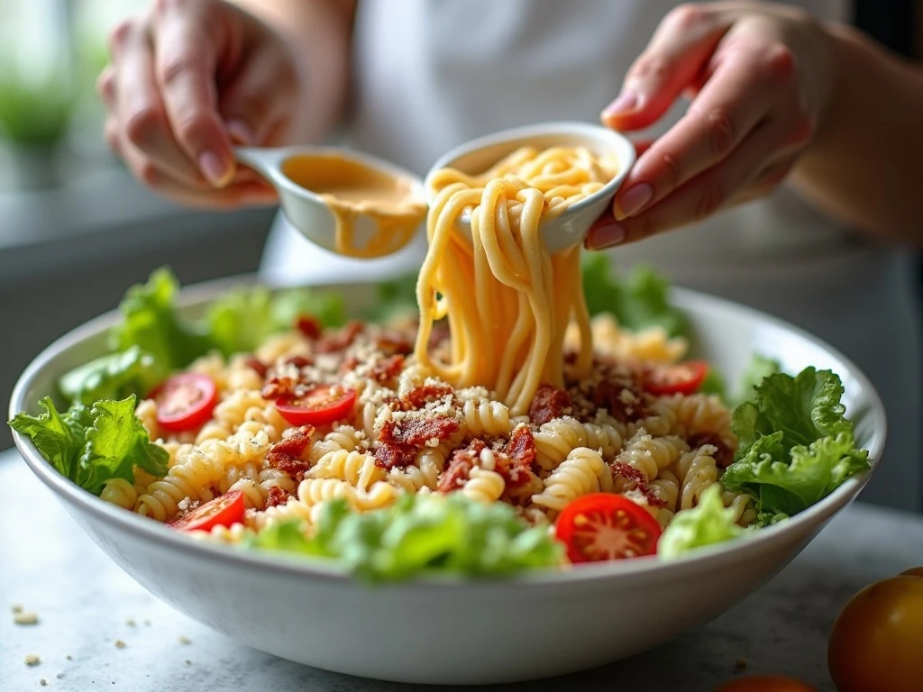 Tossing ingredients together for BLT pasta salad