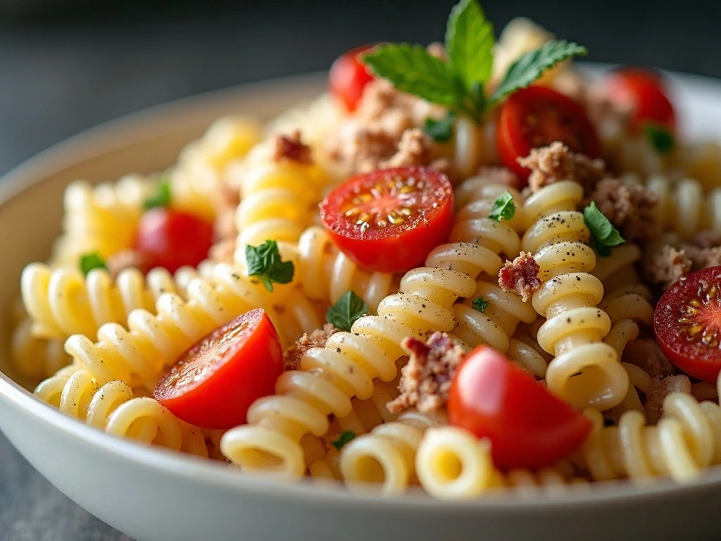 Close-up of garnished BLT pasta salad