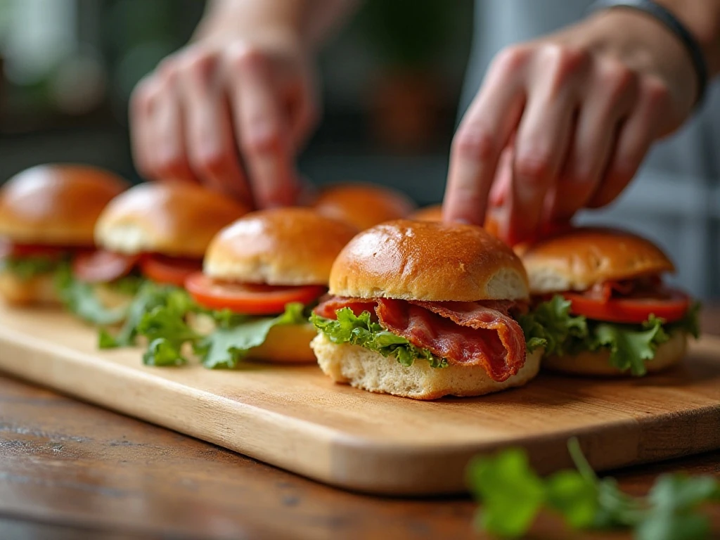 Layering bacon, lettuce, and tomato onto slider buns