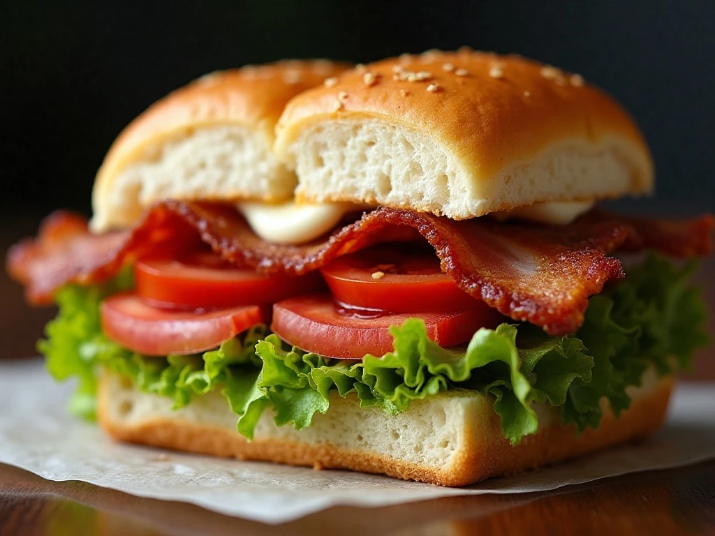 Close-up of a crisp bacon lettuce and tomato slider