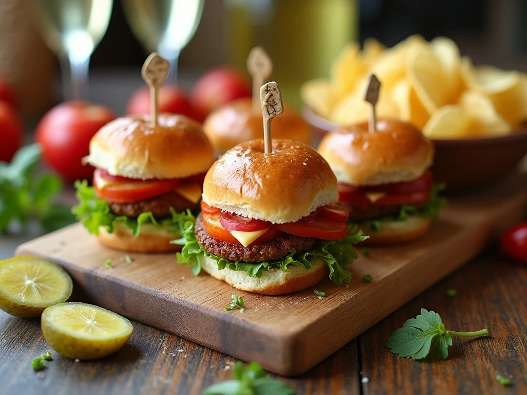 BLT sliders served with chips, pickles, and fruit
