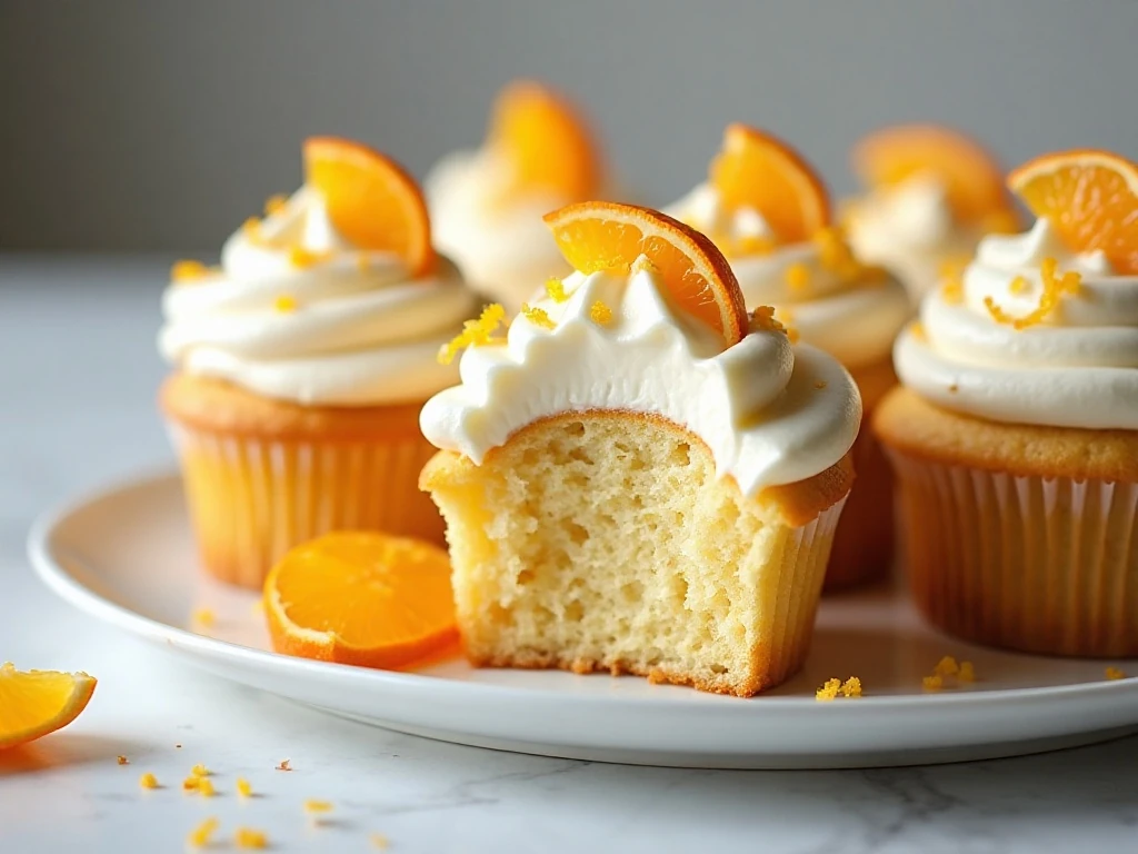Orange-garnished Blue Moon cupcakes ready to serve