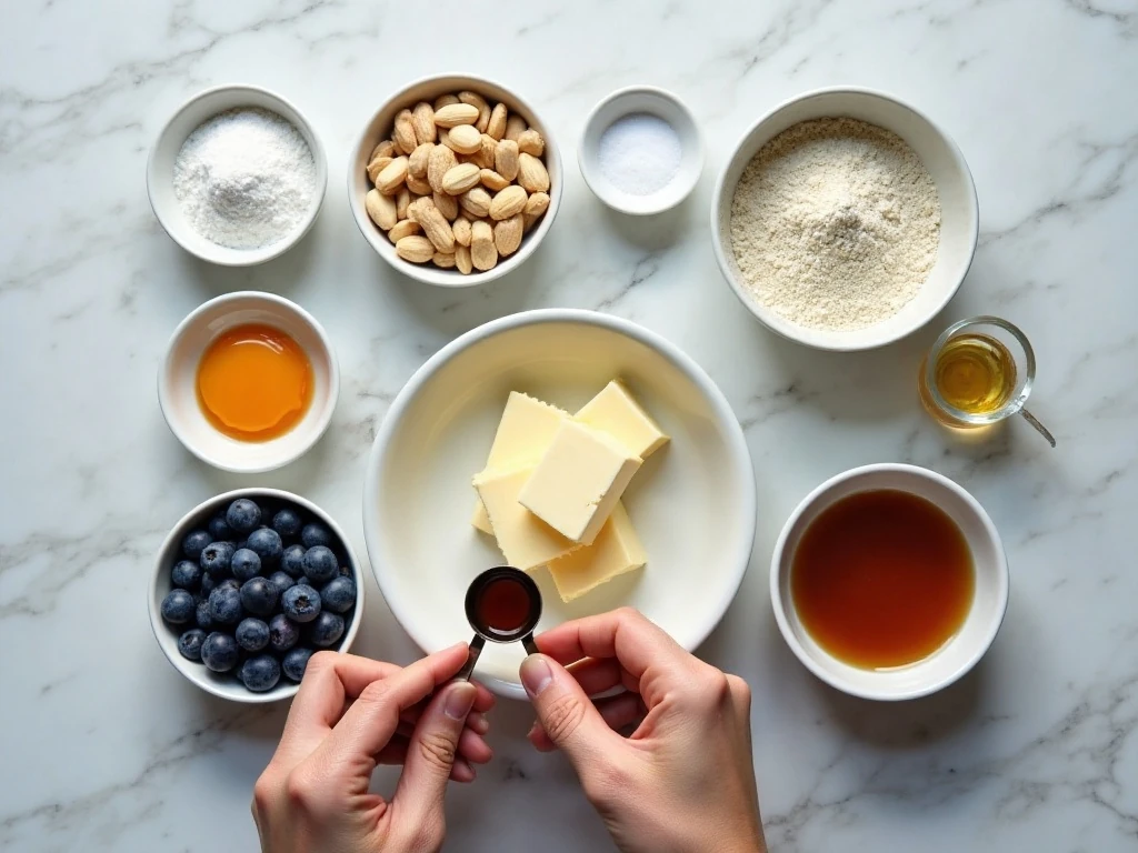 Measured ingredients for blueberry almond cream tart