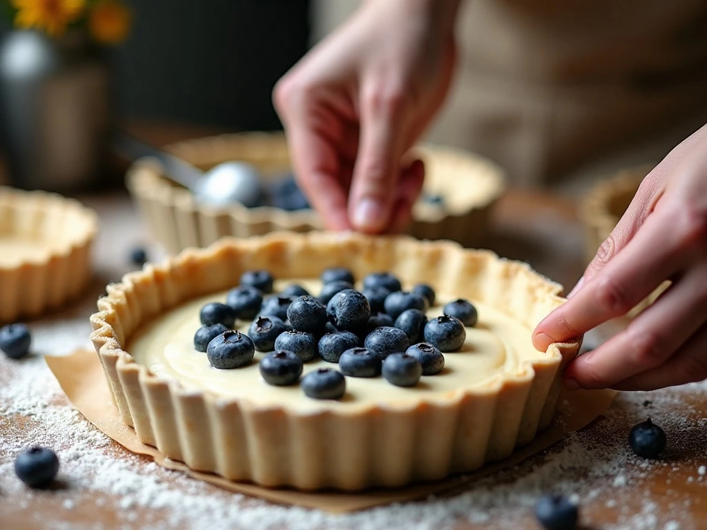 Filling tart crust with almond cream and blueberries