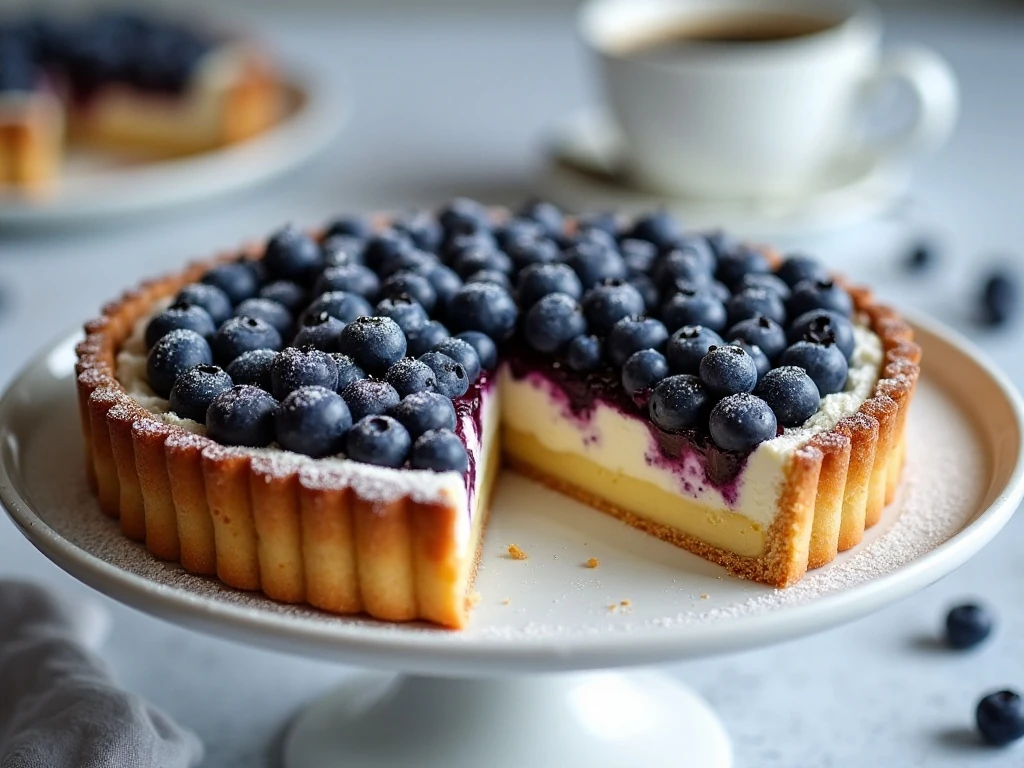 Sliced blueberry almond cream tart ready to serve