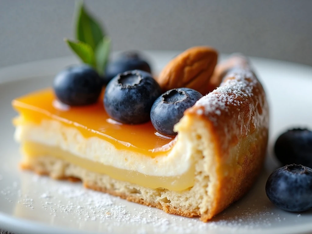 Close-up slice of blueberry tart with almond cream