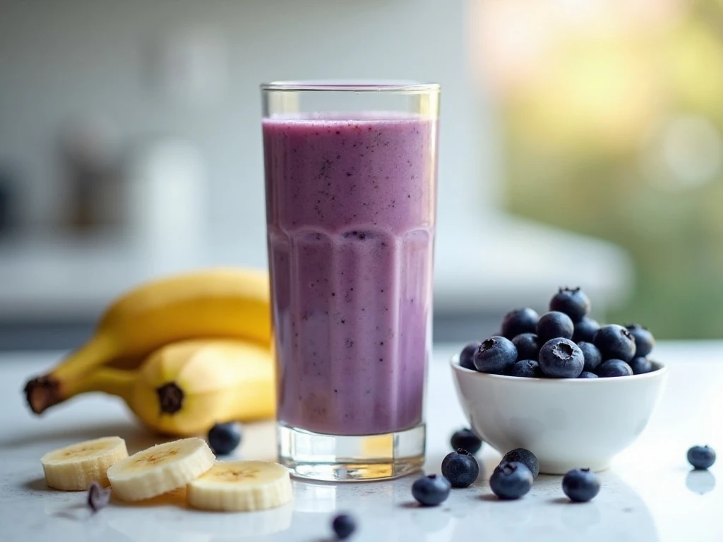 Creamy blueberry banana smoothie served in a tall glass