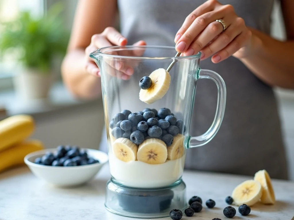Smoothie ingredients being added to a blender