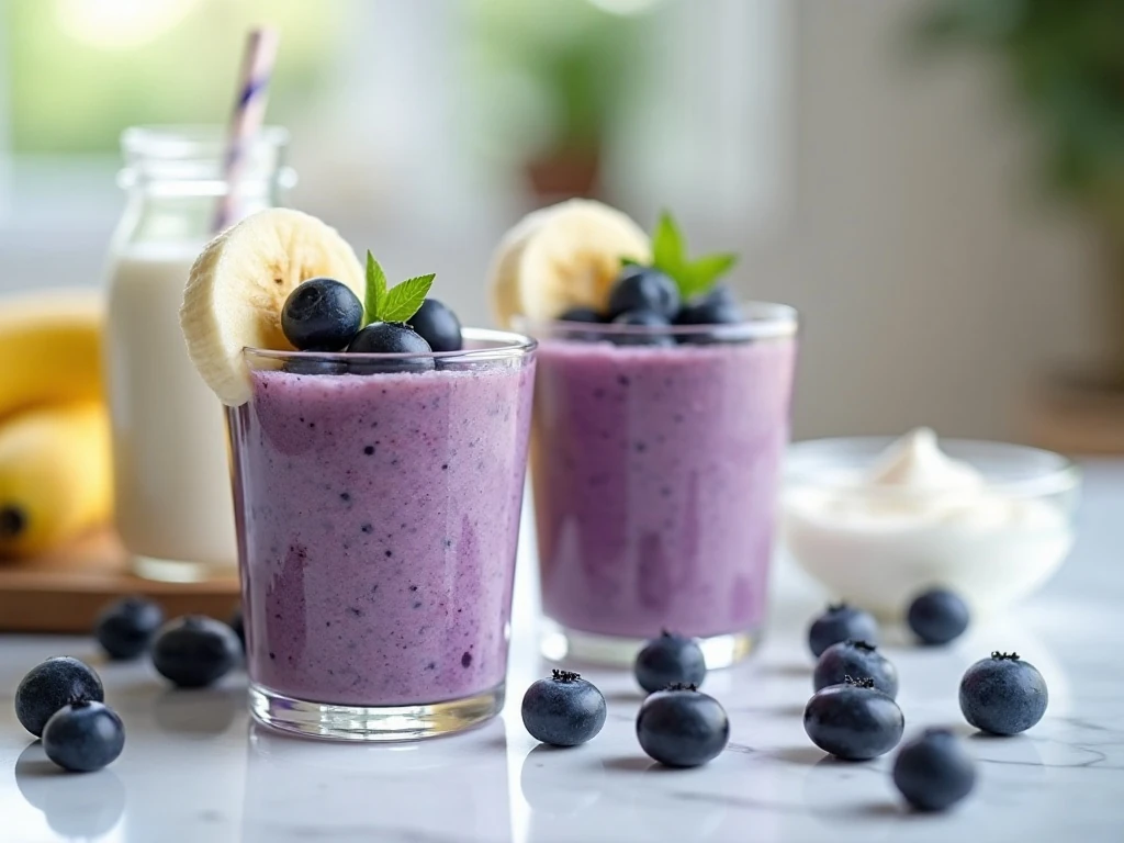 Two servings of blueberry banana smoothie with serving ideas