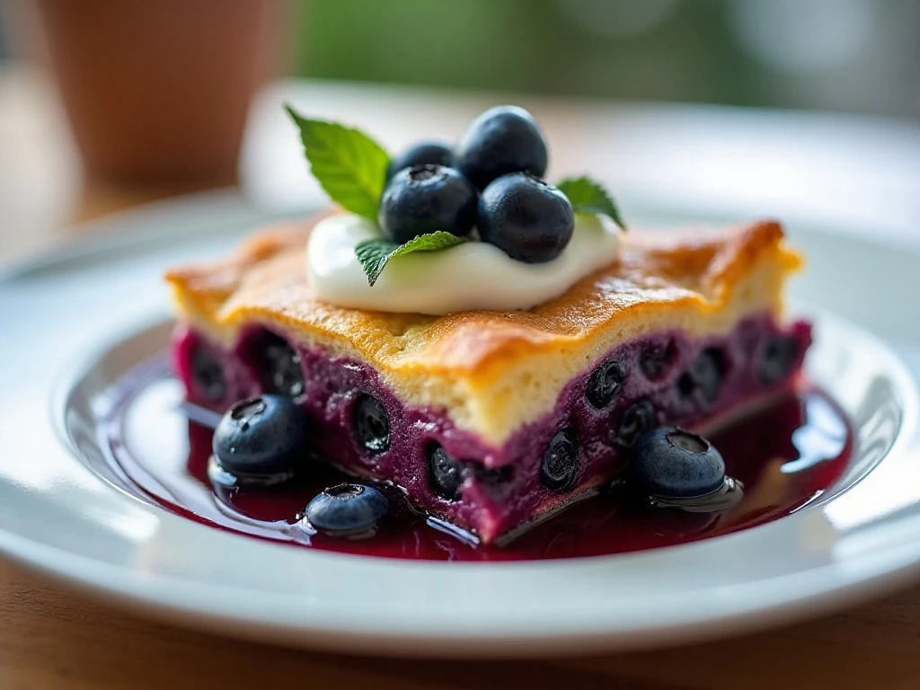 Warm serving of blueberry blintz casserole with creamy topping and blueberry filling