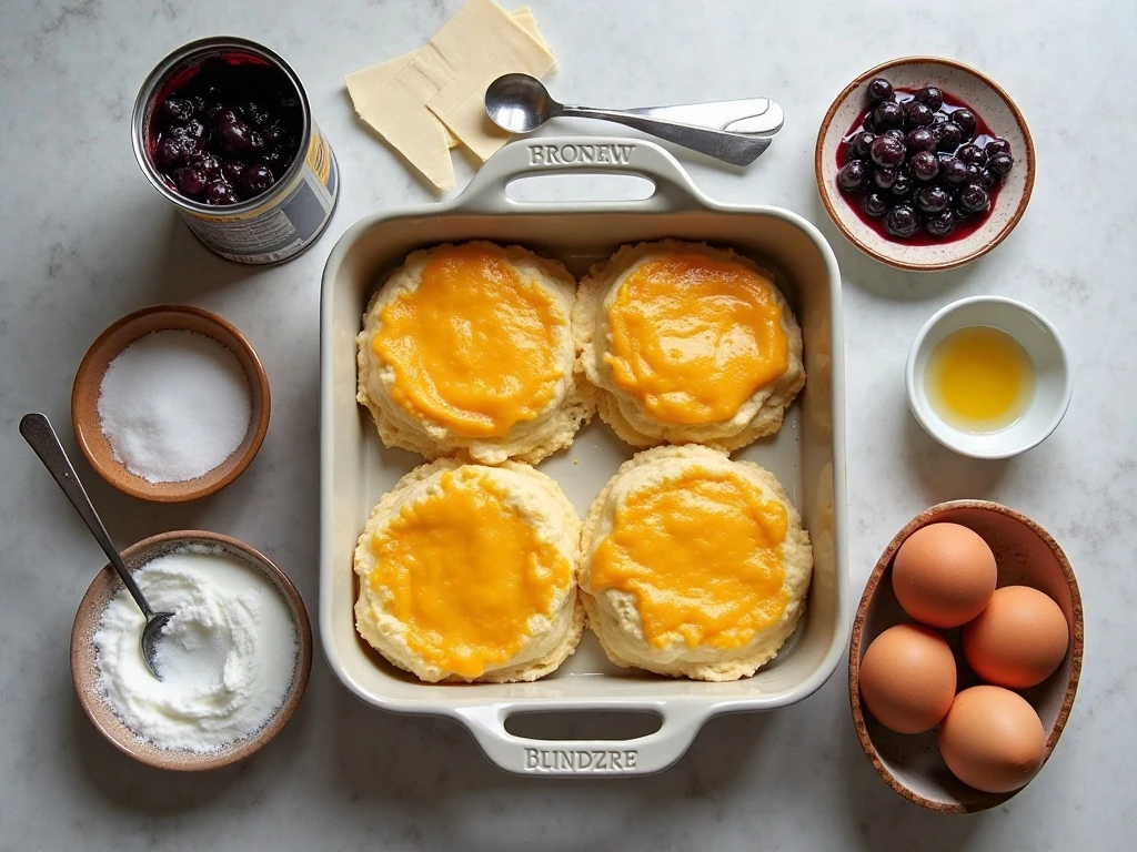 Ingredients for easy blueberry blintz casserole arranged on a kitchen counter