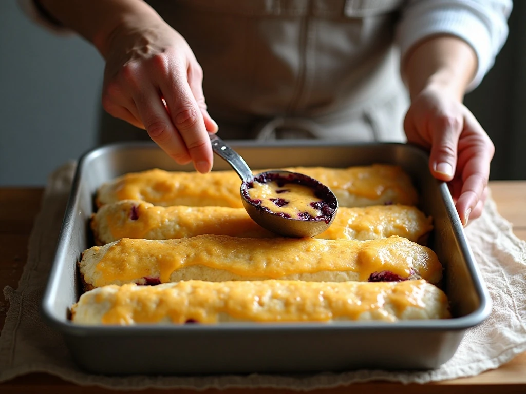 Frozen cheese blintzes arranged in a baking dish for blueberry casserole