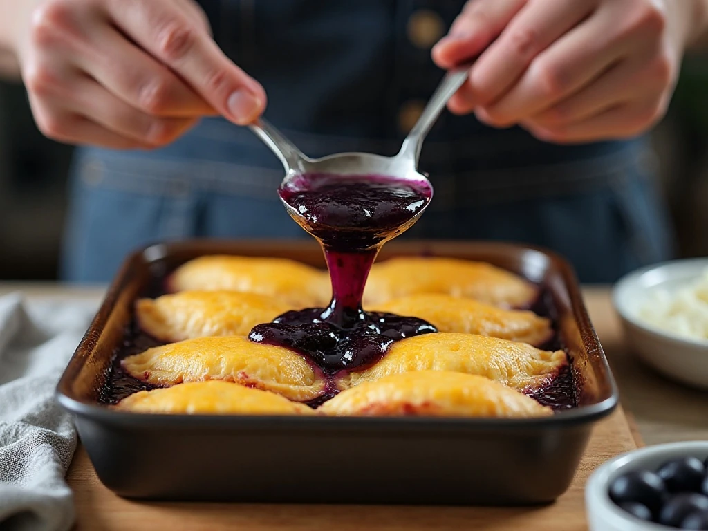 Blueberry pie filling spread over frozen cheese blintzes