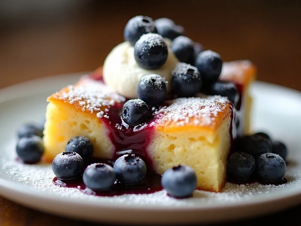 Blueberry blintz casserole garnished with fresh blueberries and confectioners’ sugar