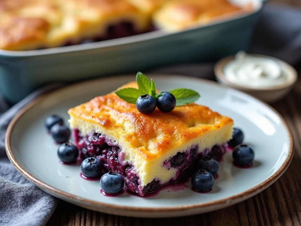Reheated blueberry blintz casserole served with sour cream and blueberries
