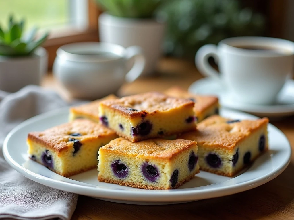 Slices of homemade blueberry breakfast cake served for breakfast