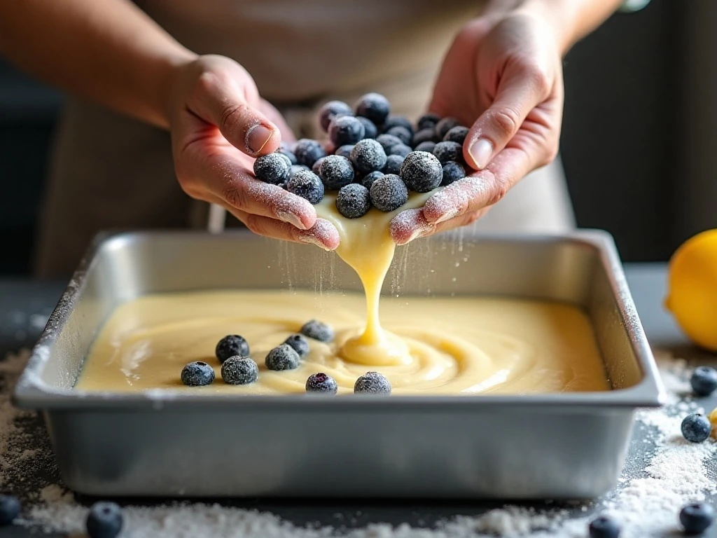 Folding blueberries into thick breakfast cake batter