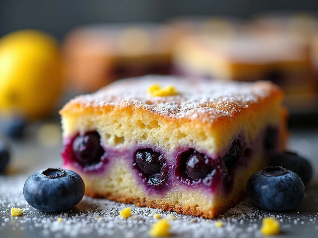Close-up of the sugared blueberry cake topping and tender crumb