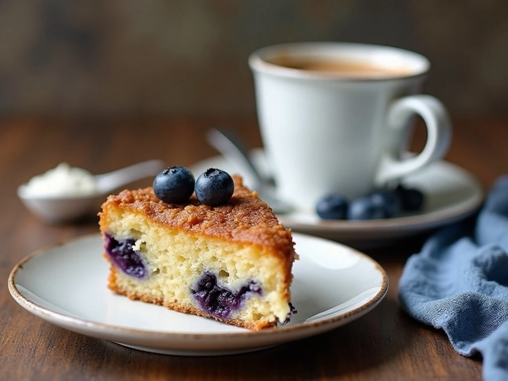 Warm blueberry breakfast cake served with coffee and yogurt