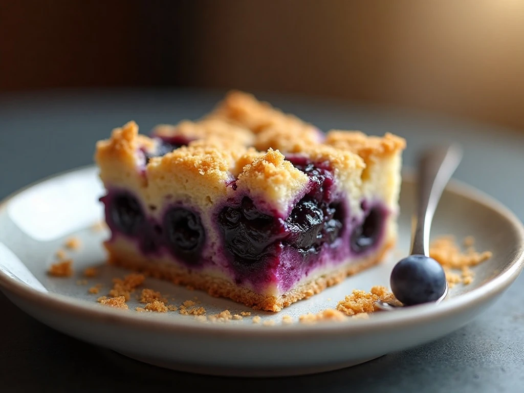 Slice of old-fashioned blueberry buckle with blueberries and streusel
