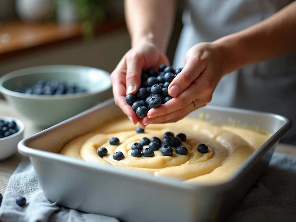 Folding blueberries into buckle cake batter