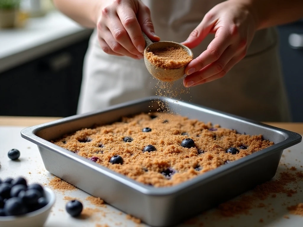 Adding cinnamon streusel to blueberry buckle batter