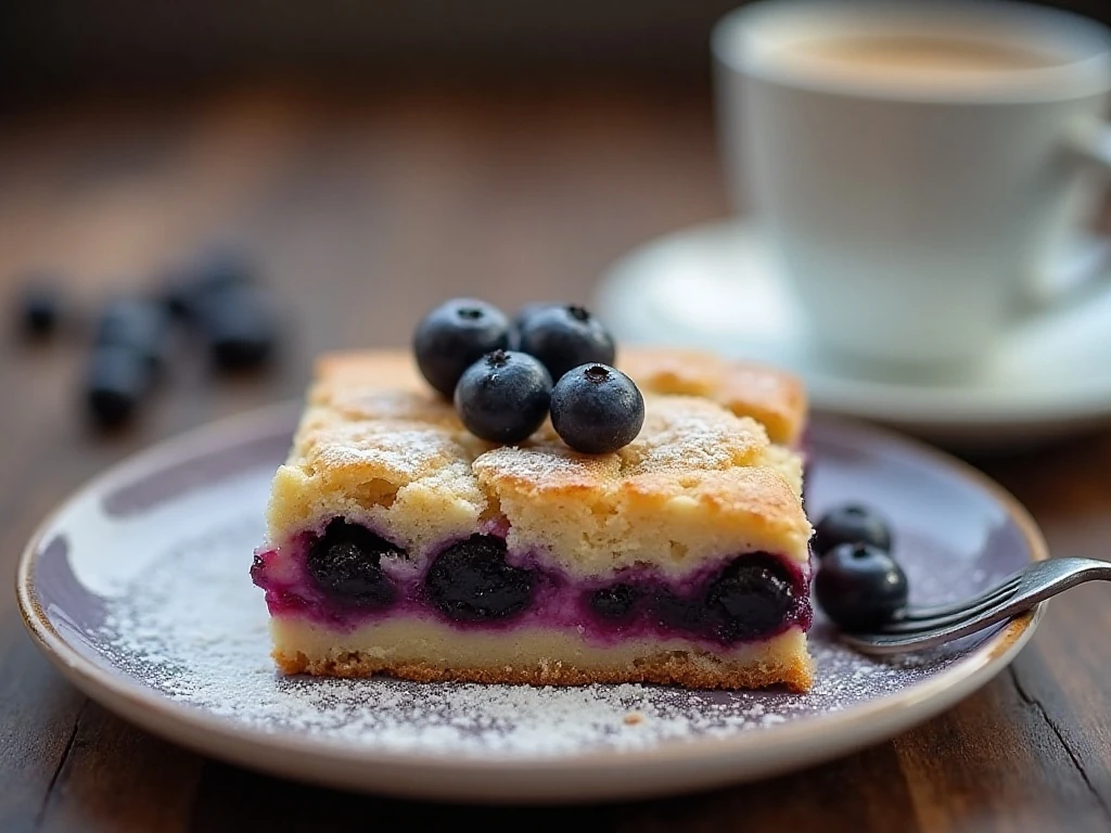 Warm blueberry buckle served with coffee