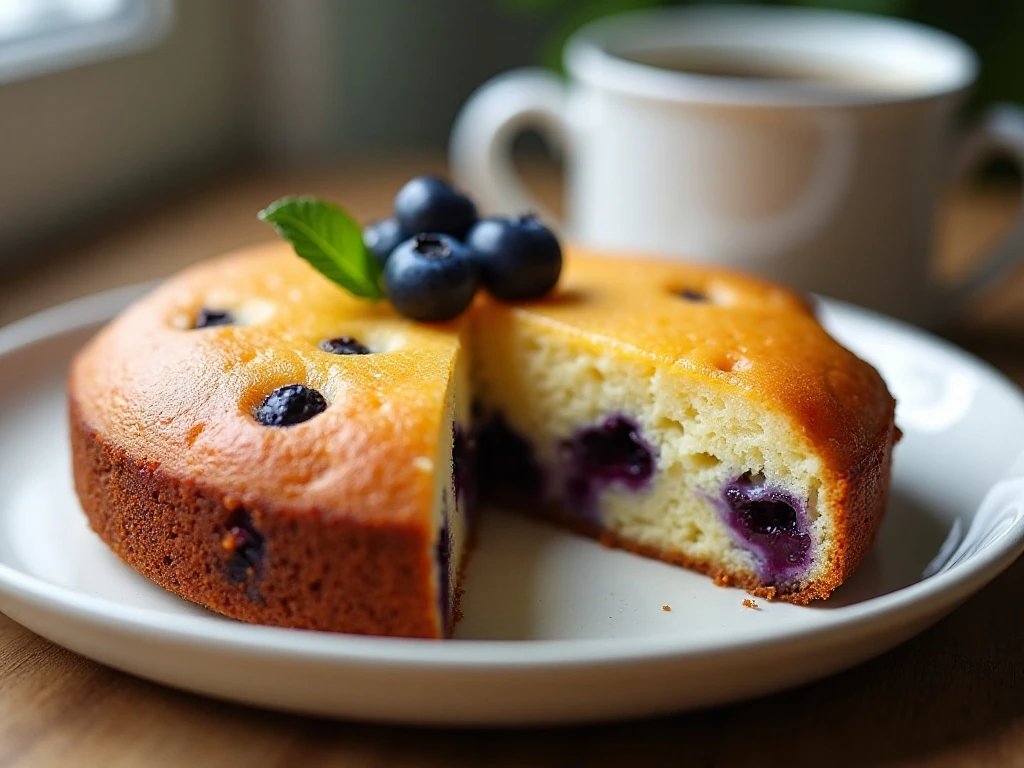 Slice of tender blueberry butter cake with juicy berries