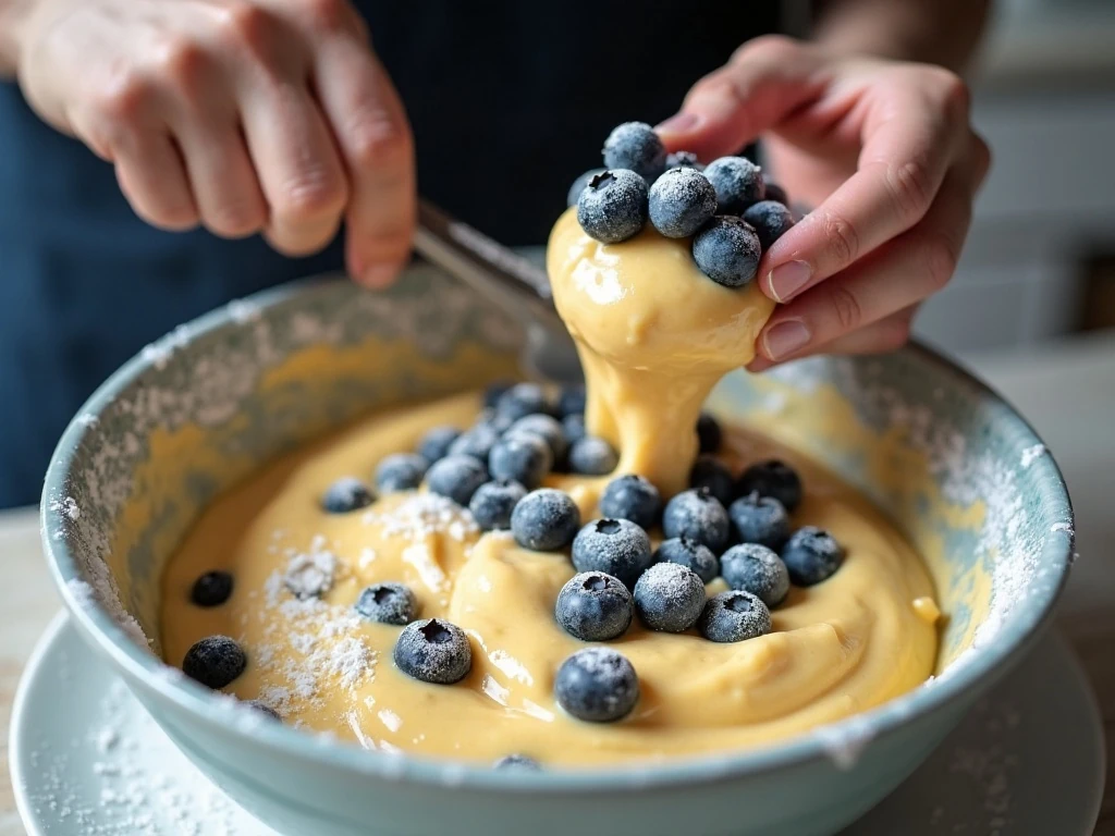 Folding blueberries into butter cake batter