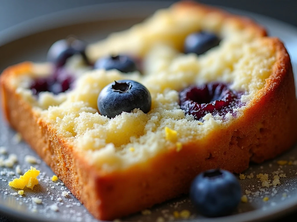 Coarse sugar and lemon zest topping on blueberry cake