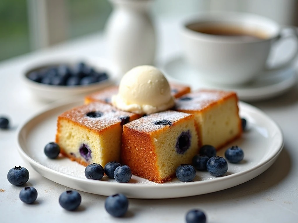 Blueberry butter cake served with vanilla ice cream