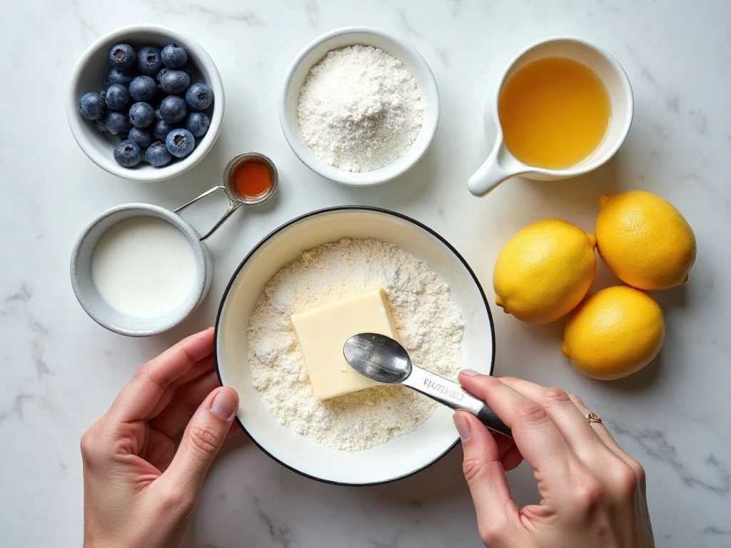 Ingredients for easy blueberry cake with lemon glaze