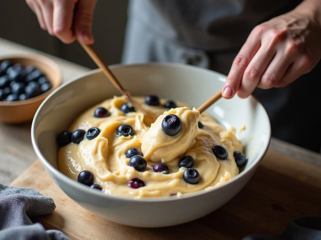 Gently folding blueberries into thick cake batter