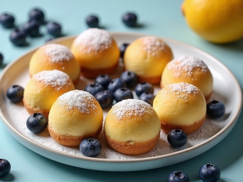 Golden blueberry cheesecake bombs arranged on a dessert plate