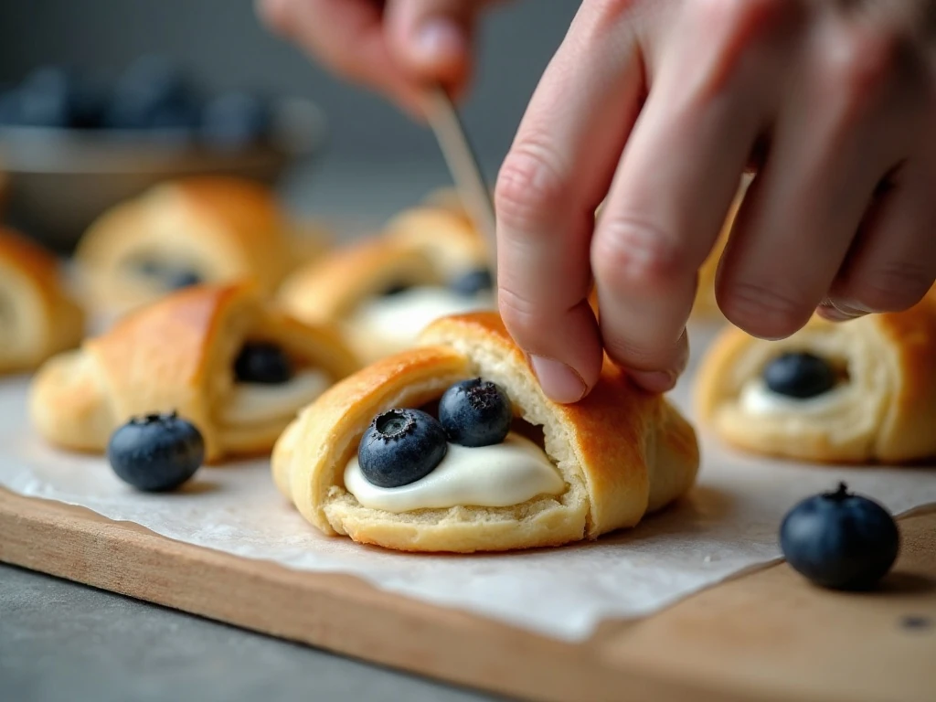 Filling crescent dough with cream cheese and blueberries
