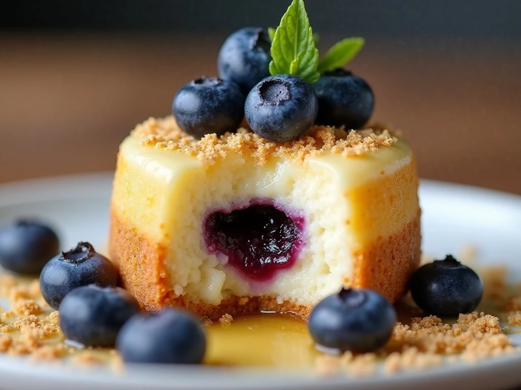 Blueberry cheesecake bomb with lemon glaze and graham crumbs