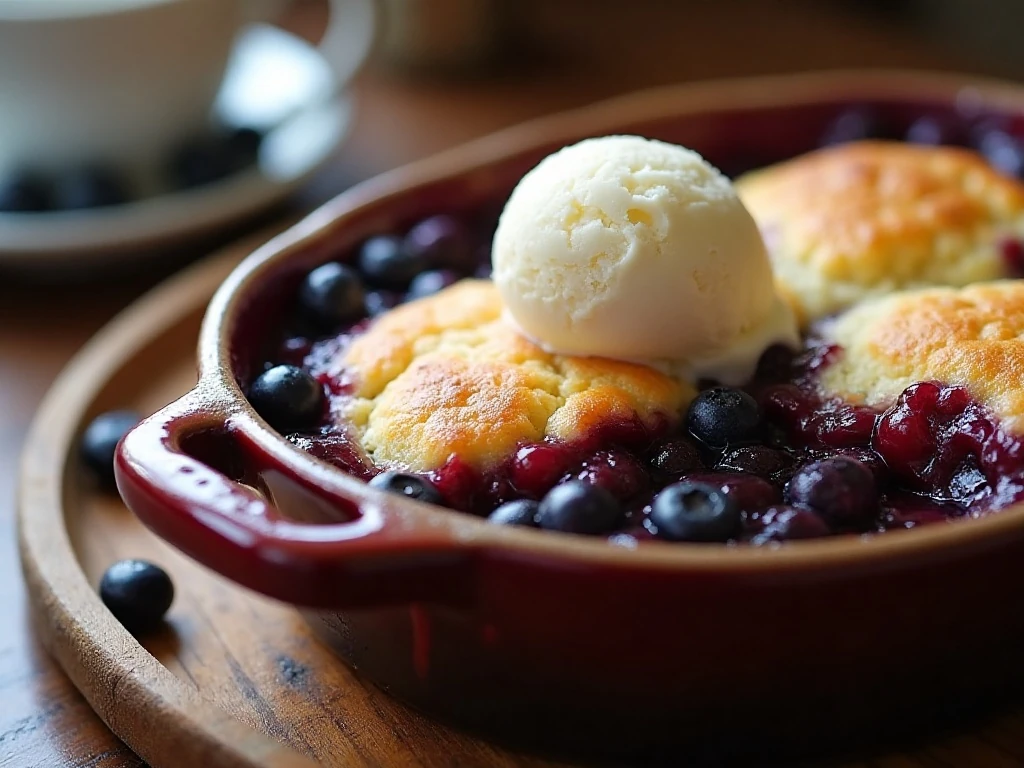 Warm blueberry cobbler with vanilla ice cream