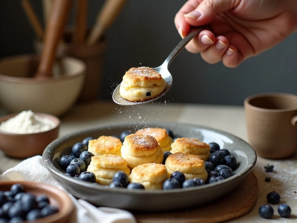 Adding cobbler topping over blueberry filling