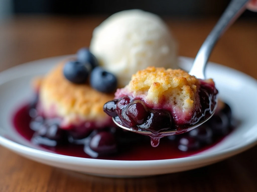 Blueberry cobbler served with melting vanilla ice cream