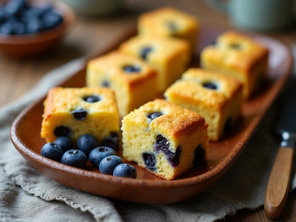 Golden blueberry cornbread squares arranged on a serving platter